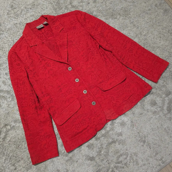 CHICOS 100% Silk Floral Knit Patterned Blazer, Red Orange, Unlined, Size 1, M - Picture 11 of 16